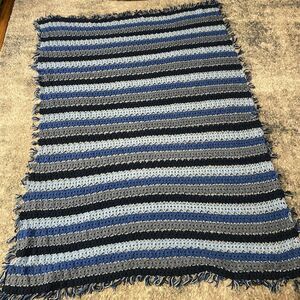 Vintage Handmade Crochet Striped Blue Afghan Throw Blanket With Tassels 72X58